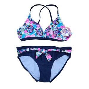 Girl's Swim Bikini -‎ Blue and Pink Floral OP 2-piece Swimsuit XL 14/16 - NEW
